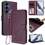 Custodia per telefono in pelle con ciondolo a forma di gatto e cuore in rilievo, completa di cinturino da polso., For Galaxy S26 FE 5G, For Samsung Galaxy S26+ 5G