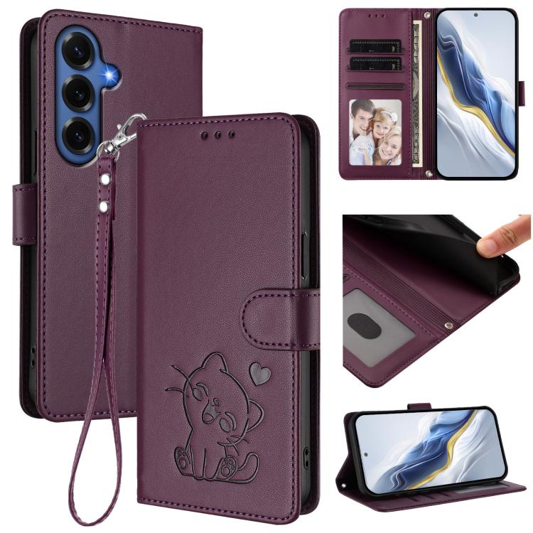 Custodia per telefono in pelle con ciondolo a forma di gatto e cuore in rilievo, completa di cinturino da polso., For Galaxy S26 FE 5G, For Samsung Galaxy S26+ 5G