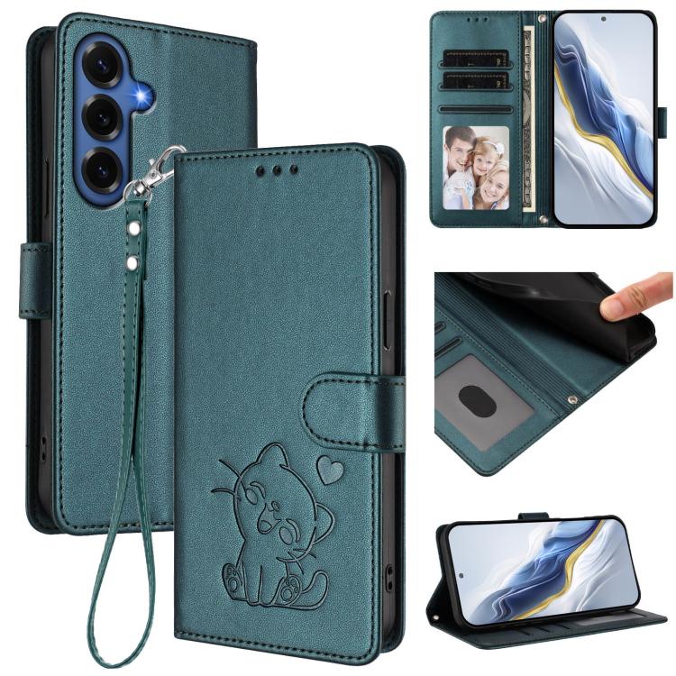 Custodia per telefono in pelle con ciondolo a forma di gatto e cuore in rilievo, completa di cinturino da polso., For Galaxy S26 FE 5G, For Samsung Galaxy S26+ 5G