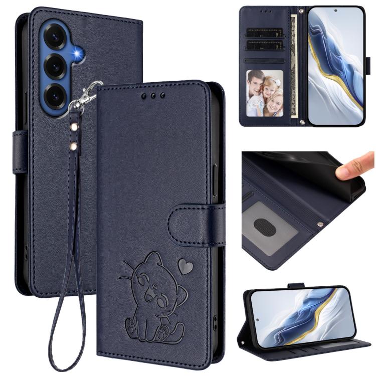 Custodia per telefono in pelle con ciondolo a forma di gatto e cuore in rilievo, completa di cinturino da polso., For Galaxy S26 FE 5G, For Samsung Galaxy S26+ 5G
