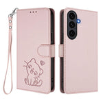 Custodia per telefono in pelle con ciondolo a forma di gatto e cuore in rilievo, completa di cinturino da polso., For Galaxy S26 FE 5G, For Samsung Galaxy S26+ 5G