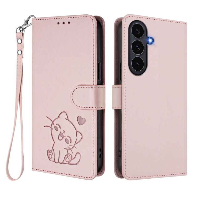 Custodia per telefono in pelle con ciondolo a forma di gatto e cuore in rilievo, completa di cinturino da polso., For Galaxy S26 FE 5G, For Samsung Galaxy S26+ 5G