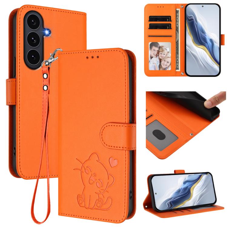 Custodia per telefono in pelle con ciondolo a forma di gatto e cuore in rilievo, completa di cinturino da polso., For Galaxy S26 FE 5G, For Samsung Galaxy S26+ 5G