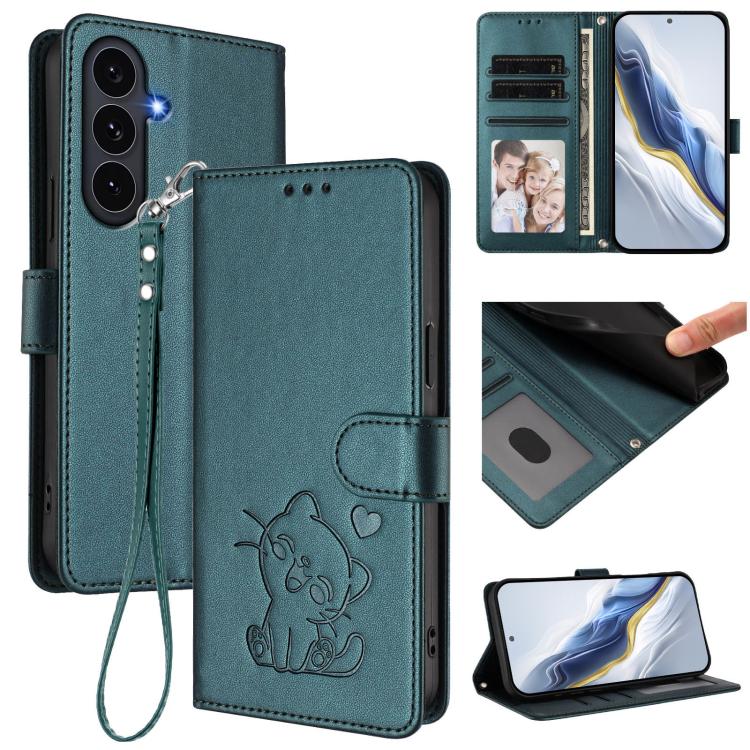 Custodia per telefono in pelle con ciondolo a forma di gatto e cuore in rilievo, completa di cinturino da polso., For Galaxy S26 FE 5G, For Samsung Galaxy S26+ 5G