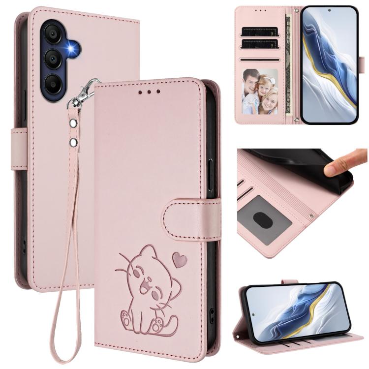 Custodia per telefono in pelle con ciondolo a forma di gatto e cuore in rilievo, completa di cinturino da polso., For Samsung Galaxy A26 / A17, For Samsung Galaxy A06 / A07