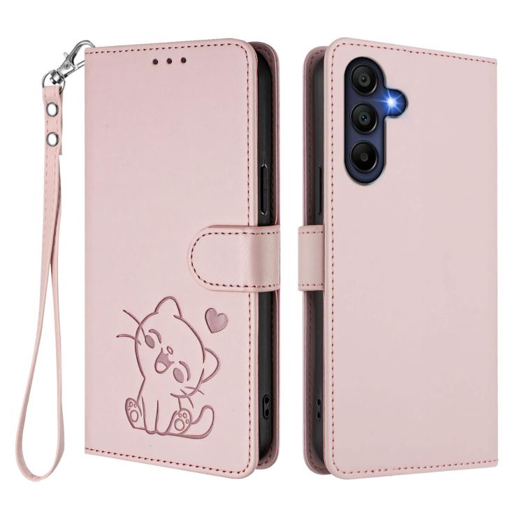 Custodia per telefono in pelle con ciondolo a forma di gatto e cuore in rilievo, completa di cinturino da polso., For Samsung Galaxy A26 / A17, For Samsung Galaxy A06 / A07