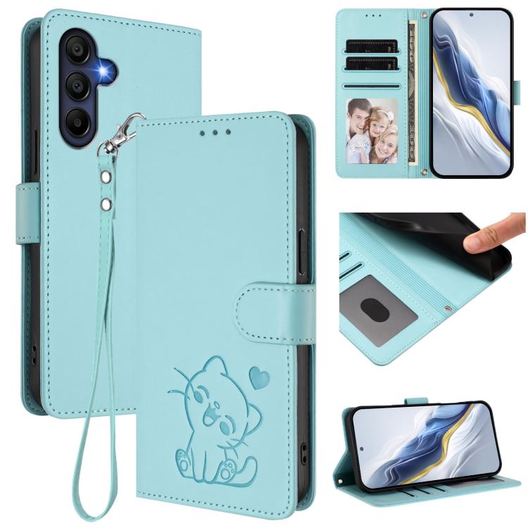 Custodia per telefono in pelle con ciondolo a forma di gatto e cuore in rilievo, completa di cinturino da polso., For Samsung Galaxy A26 / A17, For Samsung Galaxy A06 / A07