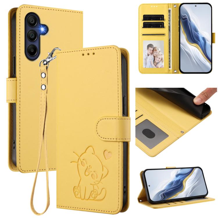 Custodia per telefono in pelle con ciondolo a forma di gatto e cuore in rilievo, completa di cinturino da polso., For Samsung Galaxy A26 / A17, For Samsung Galaxy A06 / A07