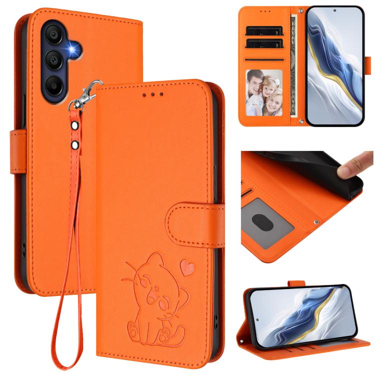 Custodia per telefono in pelle con ciondolo a forma di gatto e cuore in rilievo, completa di cinturino da polso., For Samsung Galaxy A26 / A17, For Samsung Galaxy A06 / A07