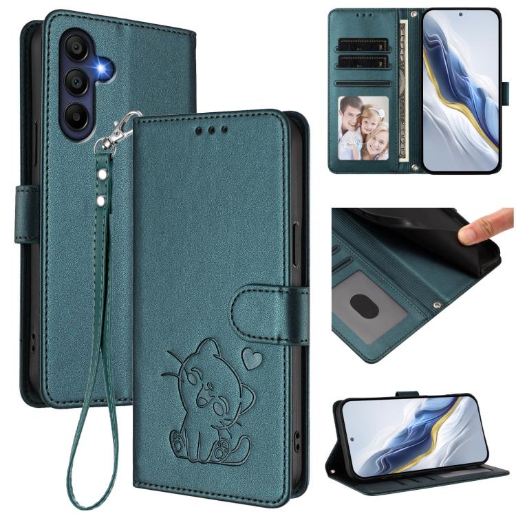 Custodia per telefono in pelle con ciondolo a forma di gatto e cuore in rilievo, completa di cinturino da polso., For Samsung Galaxy A26 / A17, For Samsung Galaxy A06 / A07