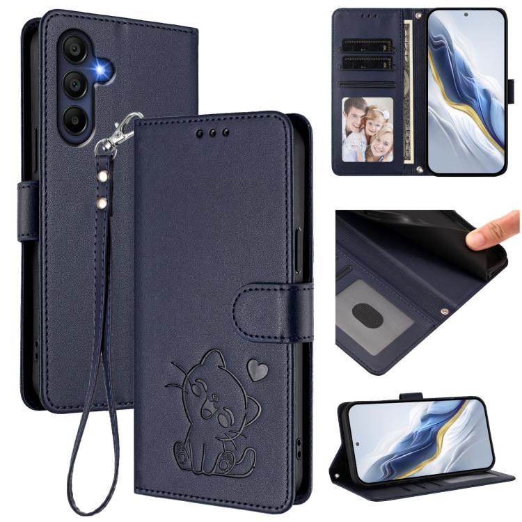 Custodia per telefono in pelle con ciondolo a forma di gatto e cuore in rilievo, completa di cinturino da polso., For Samsung Galaxy A26 / A17, For Samsung Galaxy A06 / A07