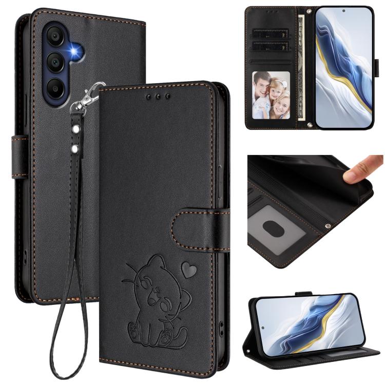 Custodia per telefono in pelle con ciondolo a forma di gatto e cuore in rilievo, completa di cinturino da polso., For Samsung Galaxy A26 / A17, For Samsung Galaxy A06 / A07