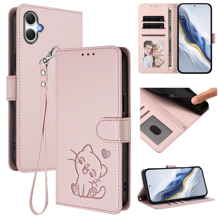 Custodia per telefono in pelle con ciondolo a forma di gatto e cuore in rilievo, completa di cinturino da polso., For Samsung Galaxy A26 / A17, For Samsung Galaxy A06 / A07