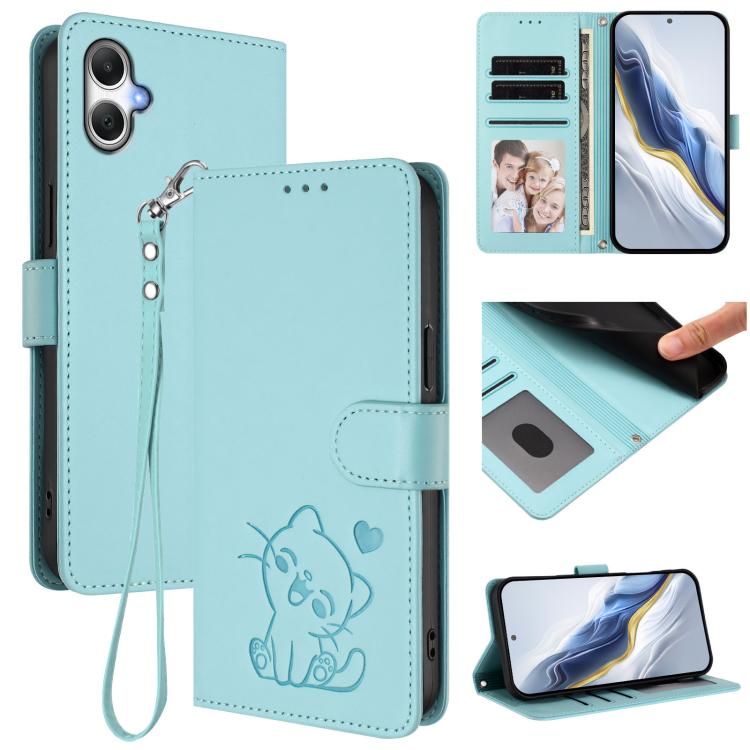 Custodia per telefono in pelle con ciondolo a forma di gatto e cuore in rilievo, completa di cinturino da polso., For Samsung Galaxy A26 / A17, For Samsung Galaxy A06 / A07