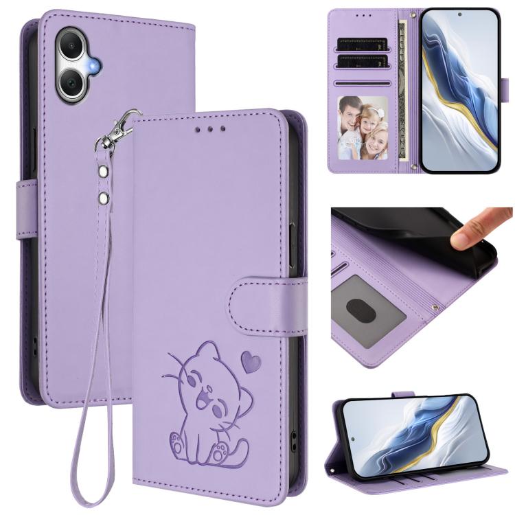 Custodia per telefono in pelle con ciondolo a forma di gatto e cuore in rilievo, completa di cinturino da polso., For Samsung Galaxy A26 / A17, For Samsung Galaxy A06 / A07