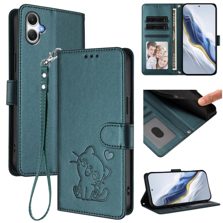 Custodia per telefono in pelle con ciondolo a forma di gatto e cuore in rilievo, completa di cinturino da polso., For Samsung Galaxy A26 / A17, For Samsung Galaxy A06 / A07