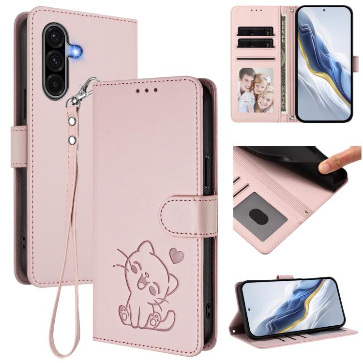 Custodia per telefono in pelle con ciondolo a forma di gatto e cuore in rilievo, completa di cinturino da polso., For Samsung Galaxy A56 / A36 5G, For Samsung Galaxy A05 / M05 4G