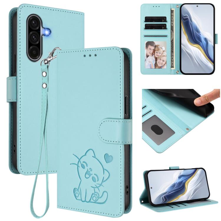 Custodia per telefono in pelle con ciondolo a forma di gatto e cuore in rilievo, completa di cinturino da polso., For Samsung Galaxy A56 / A36 5G, For Samsung Galaxy A05 / M05 4G