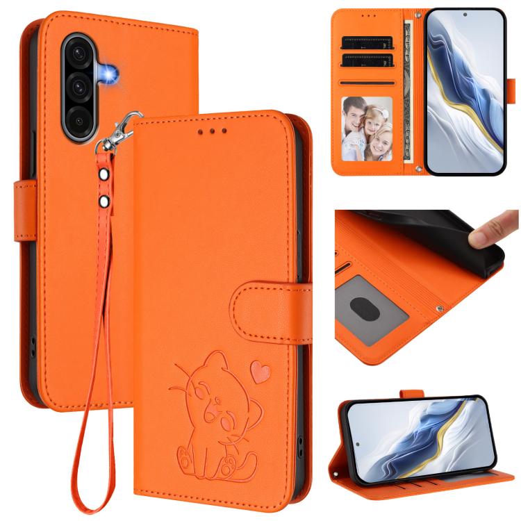 Custodia per telefono in pelle con ciondolo a forma di gatto e cuore in rilievo, completa di cinturino da polso., For Samsung Galaxy A56 / A36 5G, For Samsung Galaxy A05 / M05 4G