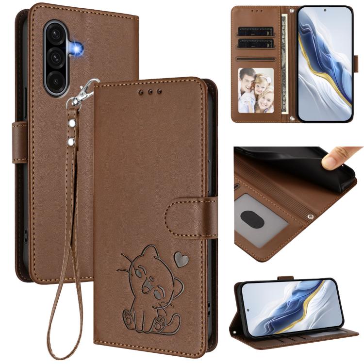 Custodia per telefono in pelle con ciondolo a forma di gatto e cuore in rilievo, completa di cinturino da polso., For Samsung Galaxy A56 / A36 5G, For Samsung Galaxy A05 / M05 4G