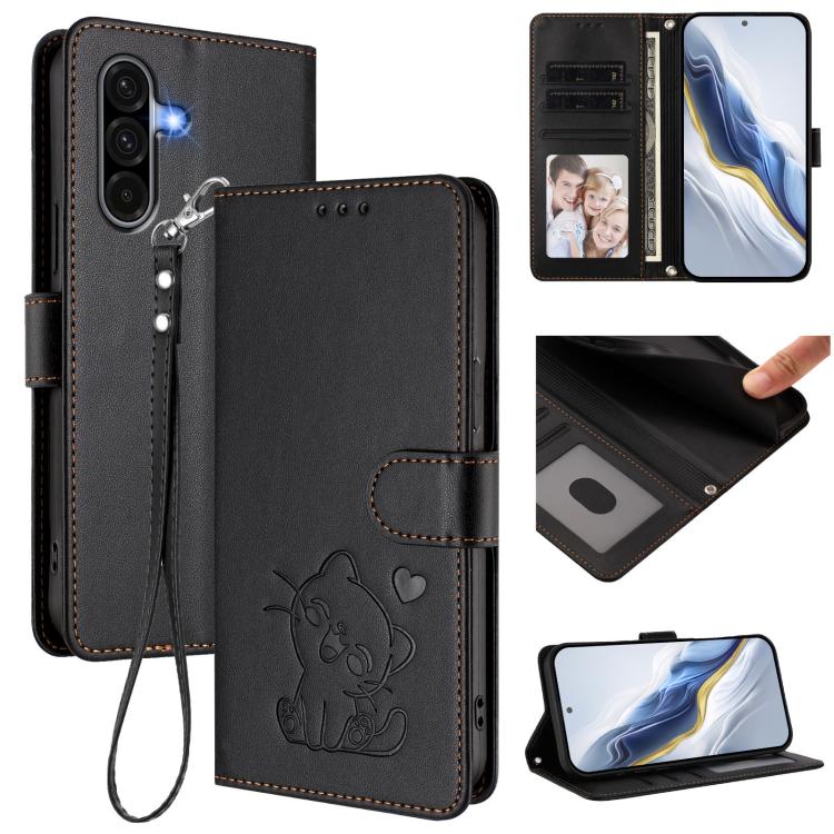 Custodia per telefono in pelle con ciondolo a forma di gatto e cuore in rilievo, completa di cinturino da polso., For Samsung Galaxy A56 / A36 5G, For Samsung Galaxy A05 / M05 4G