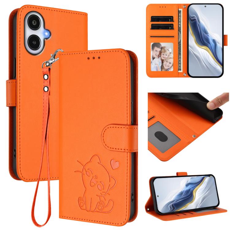 Custodia per telefono in pelle con ciondolo a forma di gatto e cuore in rilievo, completa di cinturino da polso., For Galaxy A27 5G, For Samsung Galaxy A25e 5G