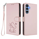 Custodia per telefono in pelle con ciondolo a forma di gatto e cuore in rilievo, completa di cinturino da polso., For Samsung Galaxy A15 4G / 5G, For Samsung Galaxy A55 5G