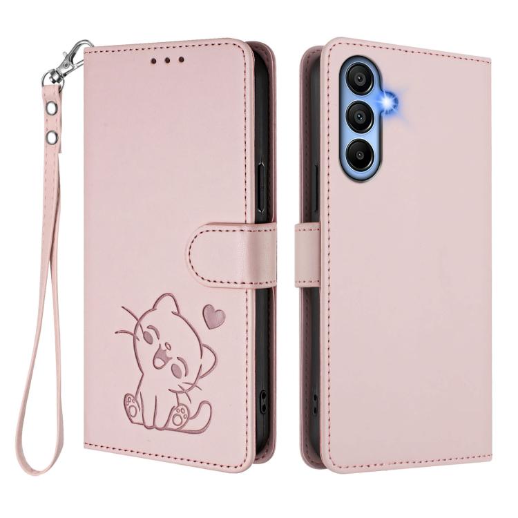 Custodia per telefono in pelle con ciondolo a forma di gatto e cuore in rilievo, completa di cinturino da polso., For Samsung Galaxy A15 4G / 5G, For Samsung Galaxy A55 5G