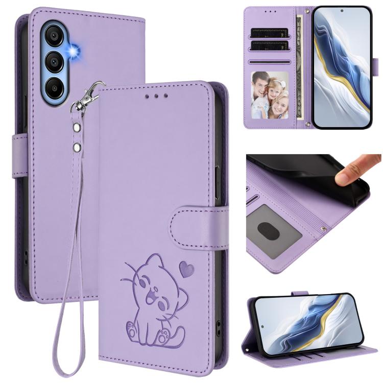 Custodia per telefono in pelle con ciondolo a forma di gatto e cuore in rilievo, completa di cinturino da polso., For Samsung Galaxy A15 4G / 5G, For Samsung Galaxy A55 5G