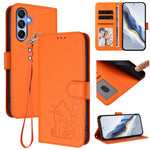 Custodia per telefono in pelle con ciondolo a forma di gatto e cuore in rilievo, completa di cinturino da polso., For Samsung Galaxy A15 4G / 5G, For Samsung Galaxy A55 5G