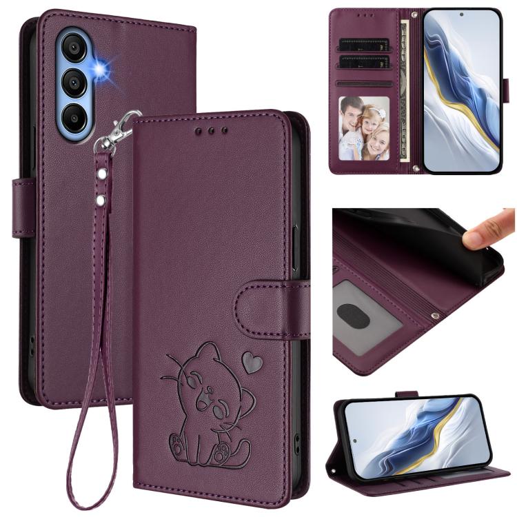 Custodia per telefono in pelle con ciondolo a forma di gatto e cuore in rilievo, completa di cinturino da polso., For Samsung Galaxy A15 4G / 5G, For Samsung Galaxy A55 5G