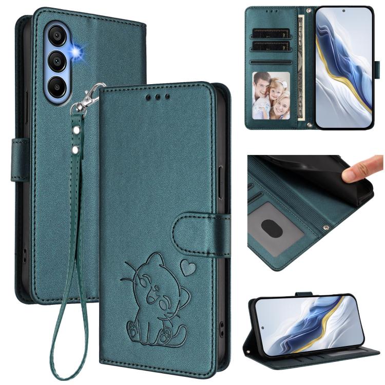 Custodia per telefono in pelle con ciondolo a forma di gatto e cuore in rilievo, completa di cinturino da polso., For Samsung Galaxy A15 4G / 5G, For Samsung Galaxy A55 5G