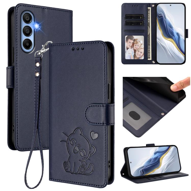 Custodia per telefono in pelle con ciondolo a forma di gatto e cuore in rilievo, completa di cinturino da polso., For Samsung Galaxy A15 4G / 5G, For Samsung Galaxy A55 5G