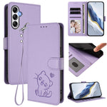 Custodia per telefono in pelle con ciondolo a forma di gatto e cuore in rilievo, completa di cinturino da polso., For Samsung Galaxy A15 4G / 5G, For Samsung Galaxy A55 5G