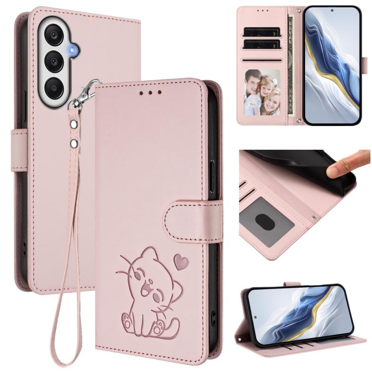 Custodia per telefono in pelle con ciondolo a forma di gatto e cuore in rilievo, completa di cinturino da polso., For Samsung Galaxy A16 4G / 5G, For Samsung Galaxy A05s / F14 4G