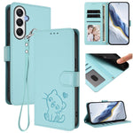 Custodia per telefono in pelle con ciondolo a forma di gatto e cuore in rilievo, completa di cinturino da polso., For Samsung Galaxy A16 4G / 5G, For Samsung Galaxy A05s / F14 4G