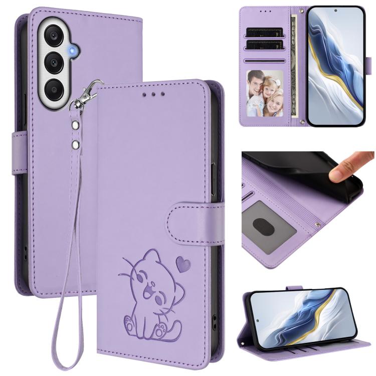 Custodia per telefono in pelle con ciondolo a forma di gatto e cuore in rilievo, completa di cinturino da polso., For Samsung Galaxy A16 4G / 5G, For Samsung Galaxy A05s / F14 4G
