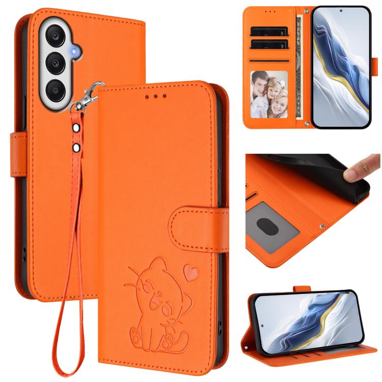 Custodia per telefono in pelle con ciondolo a forma di gatto e cuore in rilievo, completa di cinturino da polso., For Samsung Galaxy A16 4G / 5G, For Samsung Galaxy A05s / F14 4G