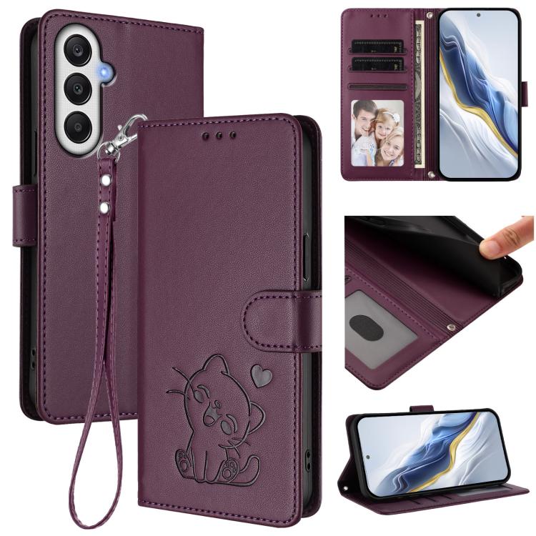 Custodia per telefono in pelle con ciondolo a forma di gatto e cuore in rilievo, completa di cinturino da polso., For Samsung Galaxy A16 4G / 5G, For Samsung Galaxy A05s / F14 4G