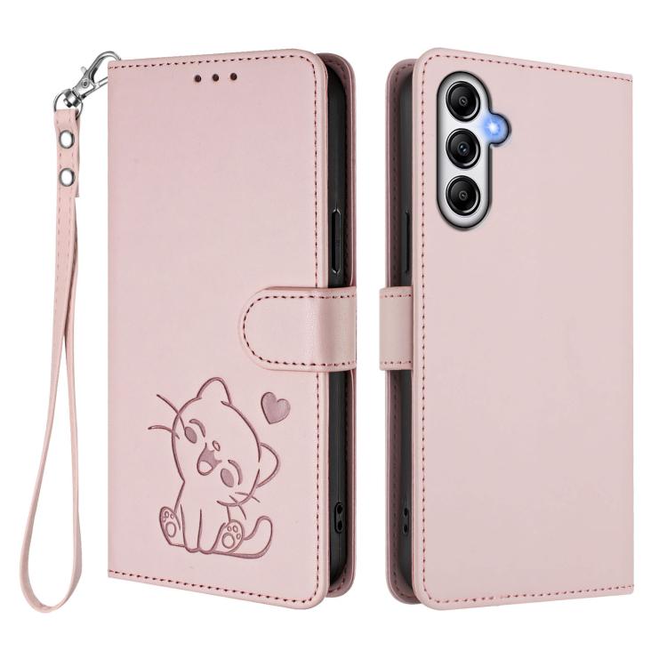 Custodia per telefono in pelle con ciondolo a forma di gatto e cuore in rilievo, completa di cinturino da polso., For Samsung Galaxy A24 4G, For Samsung Galaxy A23 4G / 5G