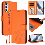 Custodia per telefono in pelle con ciondolo a forma di gatto e cuore in rilievo, completa di cinturino da polso., For Samsung Galaxy A24 4G, For Samsung Galaxy A23 4G / 5G