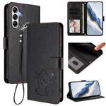 Custodia per telefono in pelle con ciondolo a forma di gatto e cuore in rilievo, completa di cinturino da polso., For Samsung Galaxy A24 4G, For Samsung Galaxy A23 4G / 5G