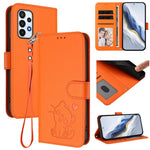 Custodia per telefono in pelle con ciondolo a forma di gatto e cuore in rilievo, completa di cinturino da polso., For Samsung Galaxy A24 4G, For Samsung Galaxy A23 4G / 5G