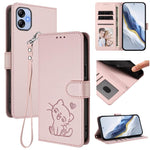 Custodia per telefono in pelle con ciondolo a forma di gatto e cuore in rilievo, completa di cinturino da polso., For Samsung Galaxy A04e 4G / F04, For Samsung Galaxy A14 4G / 5G