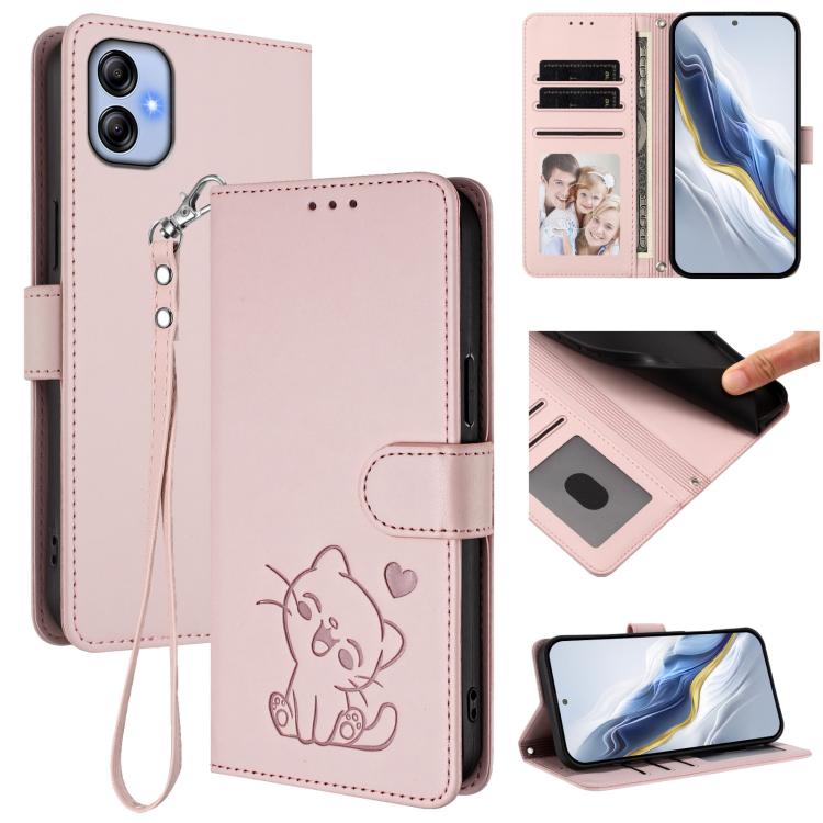 Custodia per telefono in pelle con ciondolo a forma di gatto e cuore in rilievo, completa di cinturino da polso., For Samsung Galaxy A04e 4G / F04, For Samsung Galaxy A14 4G / 5G