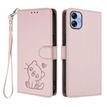Custodia per telefono in pelle con ciondolo a forma di gatto e cuore in rilievo, completa di cinturino da polso., For Samsung Galaxy A04e 4G / F04, For Samsung Galaxy A14 4G / 5G