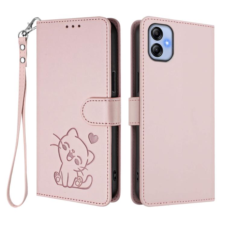 Custodia per telefono in pelle con ciondolo a forma di gatto e cuore in rilievo, completa di cinturino da polso., For Samsung Galaxy A04e 4G / F04, For Samsung Galaxy A14 4G / 5G