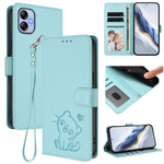 Custodia per telefono in pelle con ciondolo a forma di gatto e cuore in rilievo, completa di cinturino da polso., For Samsung Galaxy A04e 4G / F04, For Samsung Galaxy A14 4G / 5G
