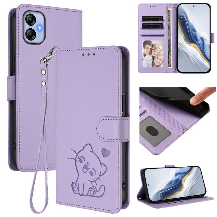 Custodia per telefono in pelle con ciondolo a forma di gatto e cuore in rilievo, completa di cinturino da polso., For Samsung Galaxy A04e 4G / F04, For Samsung Galaxy A14 4G / 5G