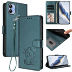 Custodia per telefono in pelle con ciondolo a forma di gatto e cuore in rilievo, completa di cinturino da polso., For Samsung Galaxy A04e 4G / F04, For Samsung Galaxy A14 4G / 5G